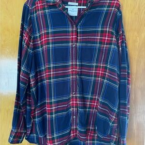 Navy and Red Plaid Button-Up Shirt